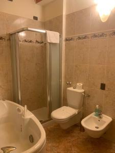 uma casa de banho com um WC, um chuveiro e um lavatório. em Hotel Due Colonne em San Bonifacio
