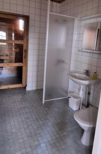 a bathroom with a sink and a shower and a toilet at Lomamaja Pekonen Apartments in Muonio