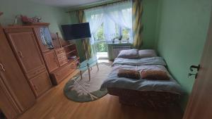 a bedroom with a bed and a dresser and a window at Apartament Berezka 667-108-706 in Polańczyk