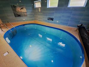 a large blue swimming pool in a bathroom at Je-sen, ubytování na horách s bazénem a infrasaunou in Jeseník