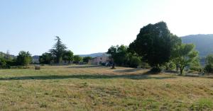 a field with trees and a house in the distance at Les bois rouges in La Rochegiron