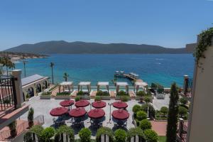 博德魯姆的住宿－Casa Nonna Bodrum - Adult Only，享有带遮阳伞和大海的庭院美景。