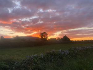 a sunset in a field with a green field at Teach Talamh in Kinvara