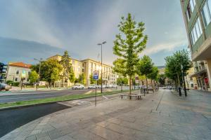 a sidewalk with a tree on a city street at Main square 5 star luxury apartment with view in Cluj-Napoca