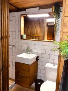 een badkamer met een wastafel en een toilet bij Casita rústica in Cambre