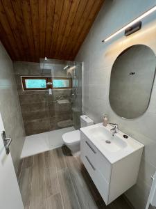 a bathroom with a sink and a toilet and a mirror at Palacio de Cambre in Soto de Cangas