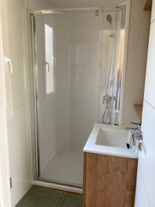 a bathroom with a shower and a sink at Camping Mas Piques in Bourg-Madame