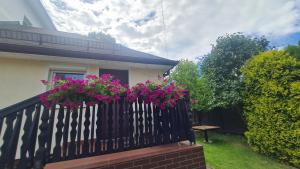 a house with pink flowers on a black fence at MK Hornik Apartament in Kowary