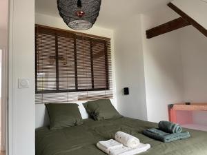sypialnia z zielonym łóżkiem i oknem w obiekcie Le QG 28 w mieście Nonvilliers-Grandhoux +19 zdjęć