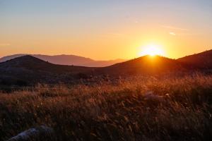 un campo de hierba con la puesta de sol en el fondo en Stairway - Vučje, en Nikšić