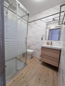 uma casa de banho com um chuveiro, um lavatório e um WC. em Zacisze na Roztoczu em Horyniec