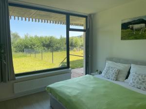 1 dormitorio con 1 cama y una ventana con una vaca al aire libre en Apartmán Darsinka en Stachy