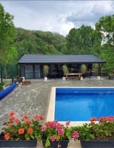 a house with a swimming pool and a building at Pensiunea Casa Dacilor in Podeni