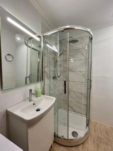 La salle de bains est pourvue d'une douche et d'un lavabo. dans l'établissement A Das Marias GALLERY, à Ourense