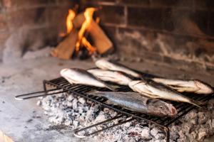 a group of fish on a grill with a fireplace at Villa Marleku in Pakoštane
