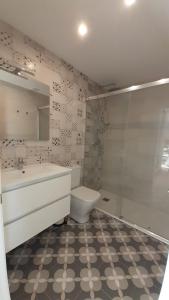 La salle de bains est pourvue de toilettes, d'un lavabo et d'une douche. dans l'établissement Apartamento Alegría, à Frigiliana