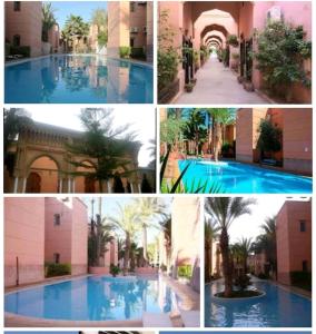 eine Collage mit Bildern eines Schwimmbads in der Unterkunft Un Riad pour se divertir en famille & se détendre in Marrakesch