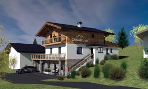 une décoration réaliste d'une grande maison avec une terrasse couverte dans l'établissement Chalet Eben, à Eben im Pongau