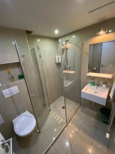 a bathroom with a shower and a toilet and a sink at Central Studios in Prague