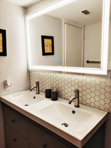 a bathroom sink with a large mirror above it at Venice Beach within 5 min drive, near the tennis courts and park, sleeps 5 in Nokomis
