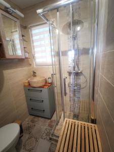 um chuveiro na casa de banho com um WC e um lavatório em La Terrasse Ensoleillée de Sausset : Le Citronnier em Sausset-les-Pins