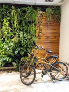una bicicletta parcheggiata di fronte a un muro con piante di CasaCalma Hotel a Buenos Aires