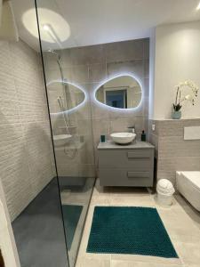 uma casa de banho com um chuveiro, um lavatório e um WC. em Le Pélican Magnifique F2 em Ajaccio