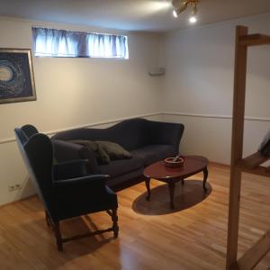 een woonkamer met een bank en een tafel bij Large apartment close to the centre in Reykjavík