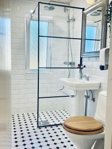 ein Bad mit einer Dusche, einem WC und einem Waschbecken in der Unterkunft Villa Vintage B&B in Nauvo