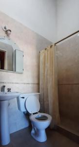 y baño con aseo, lavabo y ducha. en El Retorno Hostel en Puerto Madryn