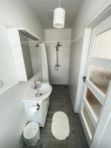 Baño blanco con lavabo y espejo en Apartamenty Mazal Dukla, en Dukla