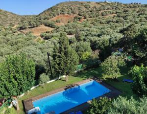 an overhead view of a swimming pool in a field with trees at Elounda Collection Villa in Vrouchas