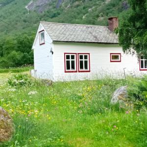 Biały dom z czerwonymi oknami na polu kwiatów w obiekcie An authentic experience in picturesque Eidfjord w mieście Eidfjord