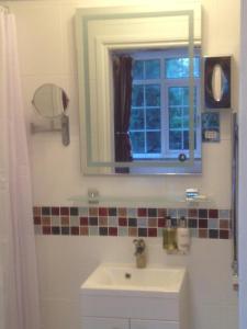 baño con lavabo, espejo y ventana en The Bridge House en Hounslow