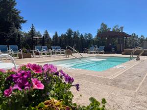 a pool with chairs and a gazebo and purple flowers at The Lodge at Cloudcroft in Cloudcroft