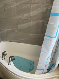 a bath tub with a sink and a shower curtain at H &P accommodation in Plymouth