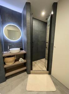 uma casa de banho com um lavatório e um chuveiro com um espelho. em Charmant logement aux portes de Paris - STADE DE FRANCE - 12 min à pied em Saint-Denis