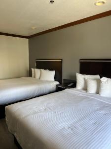 dwa łóżka siedzące obok siebie w pokoju hotelowym w obiekcie Starlight Inn Huntington Beach w mieście Huntington Beach