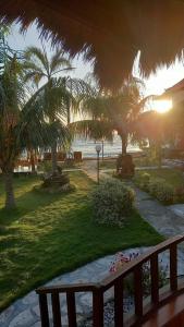 un parque con palmeras y un banco en la playa en The Umah Prahu en Nusa Penida