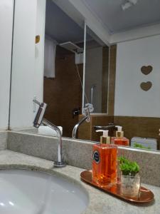 a bathroom counter with a sink and a mirror at Villa Gruntal Hospedaria in Treze Tílias