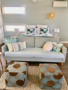 a living room with a couch with pillows at Brunswick Heads Treetop Studio in Brunswick Heads