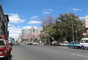 eine Stadtstraße mit am Straßenrand geparkten Autos in der Unterkunft Gold Crest Hotel in Quatre Bornes