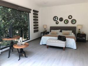 een slaapkamer met een bed, een tv en een raam bij Casa Huitzil - La mejor casa de Malinalco con alberca y jacuzzi climatizados in Malinalco +16 foto's