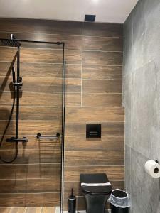 een badkamer met een toilet en een houten muur bij 11 Luxury apartments. in Metsovo