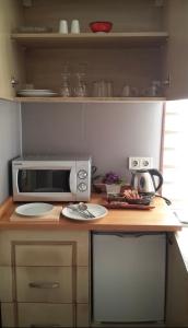 a kitchen with a microwave on a wooden counter at Galatolia Suites in Istanbul