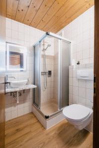 uma casa de banho com um chuveiro, um WC e um lavatório. em Kaiser Apartments em Scheffau am Wilden Kaiser
