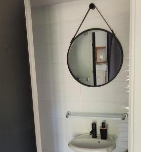 La salle de bains est pourvue d'un miroir et d'un lavabo. dans l'établissement Le Merle Rose, à Toulouse