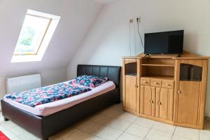 a small bedroom with a bed and a television at Apartmán u lesa in Klobouky u Brna