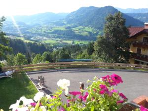 a view from the garden of a house with flowers at Oberstockerhof in Sankt Johann im Pongau