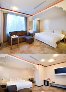 twee foto's van een hotelkamer met twee bedden bij Yomi Hotel - ShuangLian MRT in Taipei